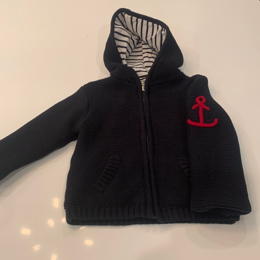 Batela zipper knit navy blue hooded sweater with striped lining + anchor detail
